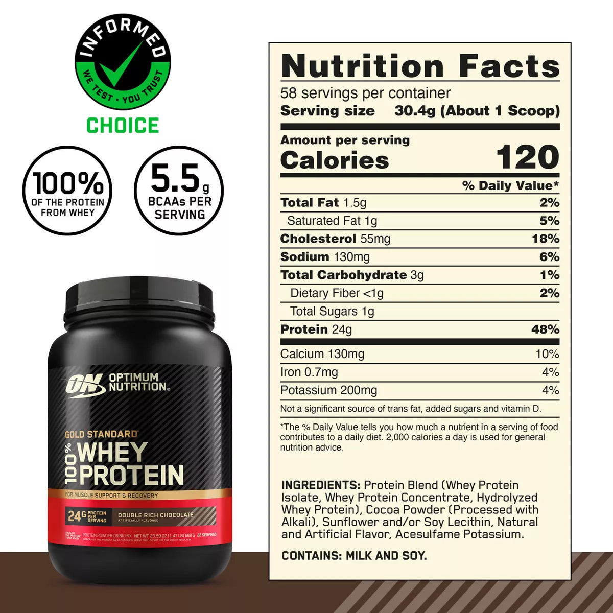 Optimum Nutrition Gold Standard 100% Whey Protein Powder - Double Rich Chocolate - 22 Servings - 23.59Oz: High-Quality Whey Isolate, 24G Protein
