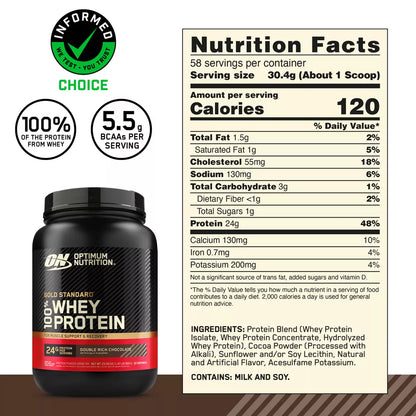 Optimum Nutrition Gold Standard 100% Whey Protein Powder - Double Rich Chocolate - 22 Servings - 23.59Oz: High-Quality Whey Isolate, 24G Protein