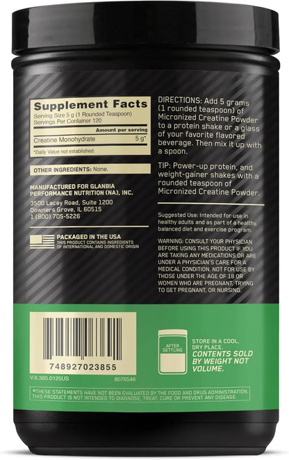 Optimum Nutrition Micronized Creatine Monohydrate Powder, Unflavored, 120 Servings, 600 Grams