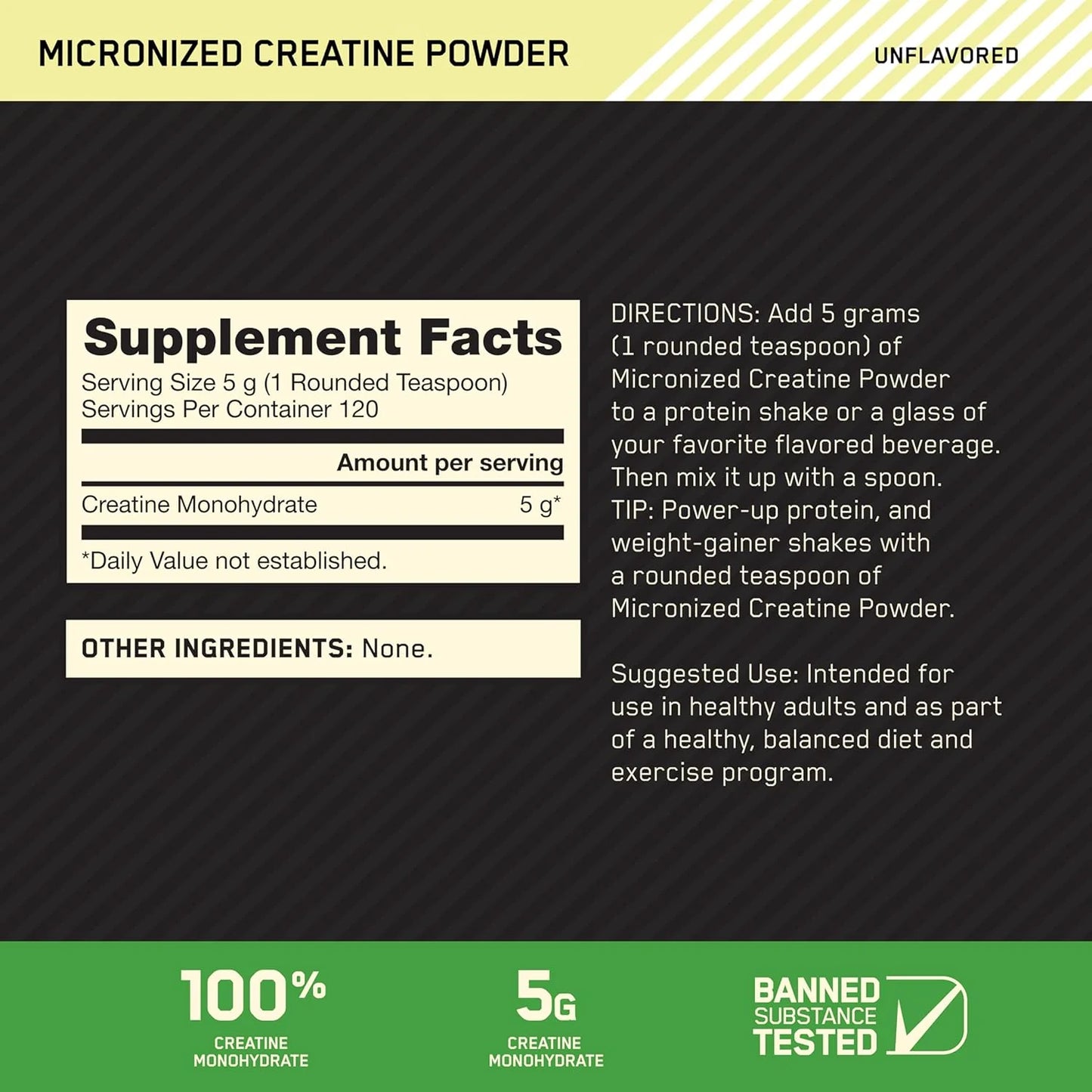 Optimum Nutrition Micronized Creatine Monohydrate Powder, Unflavored, 120 Servings, 600 Grams